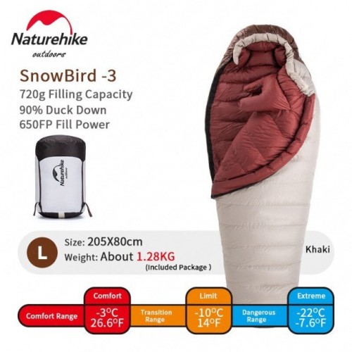 Пуховый спальник Naturehike Snowbird -3℃, размер L, вес 1,28 кг